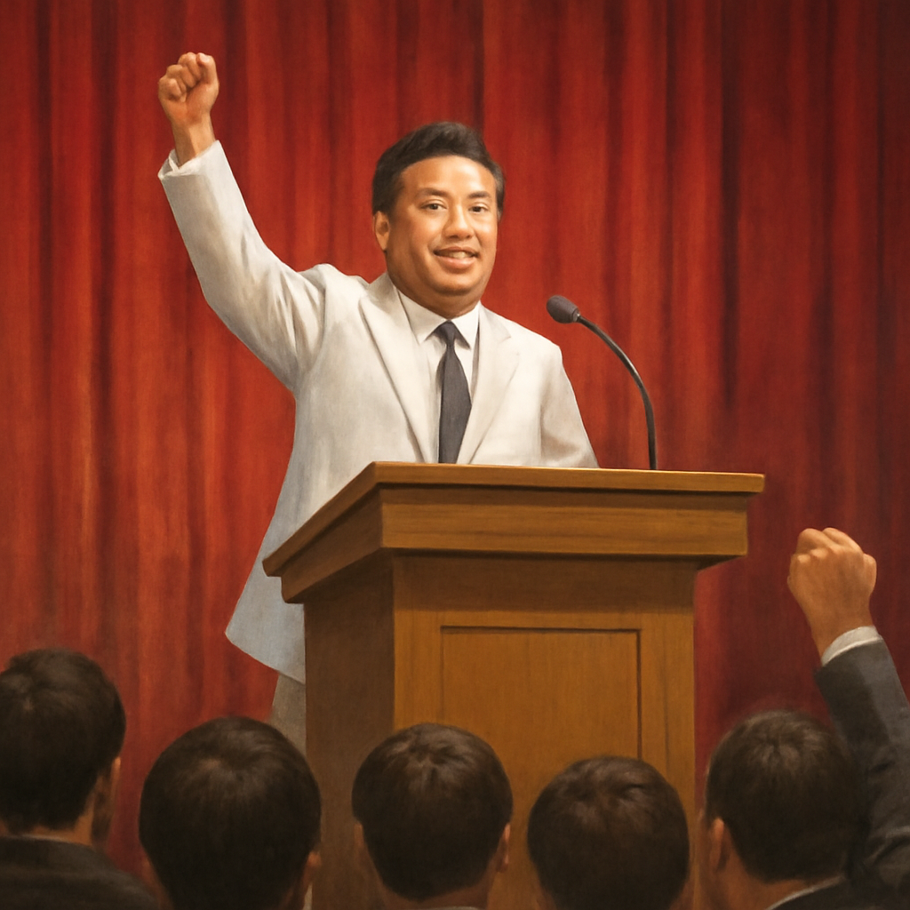 흰색정장옷을입은총회장님이강단에서서응원한꿈