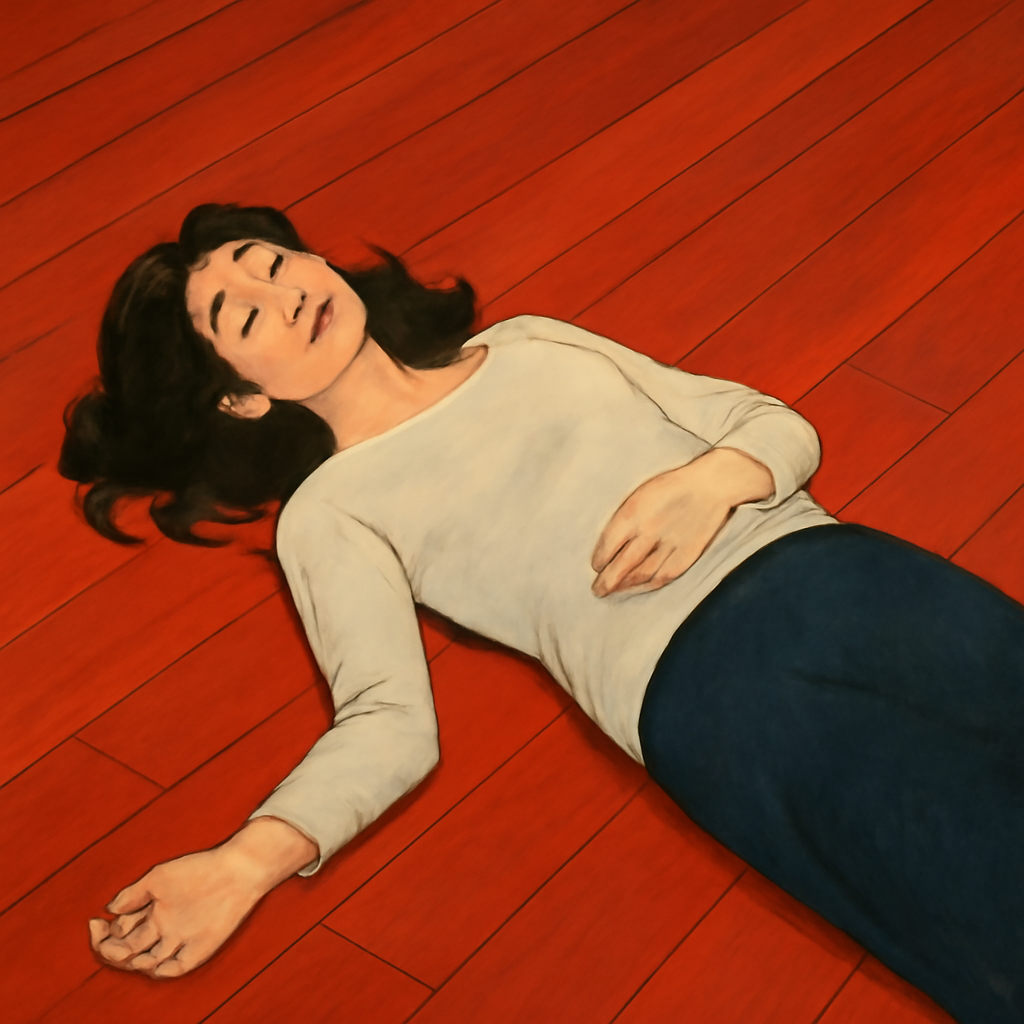 아내가 마룻바닥에 누워있었어요 마룻바닥이 빨간색이였어요
