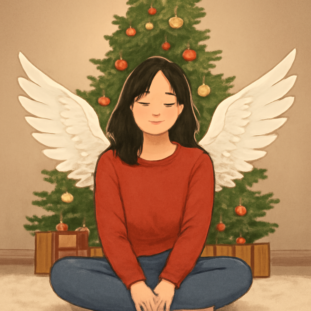 친구가 크리스마스트리앞에 앉아있고 큰 천사날개 달림  - 꿈 해몽, 꿈 풀이(+자세한 해석)이미지