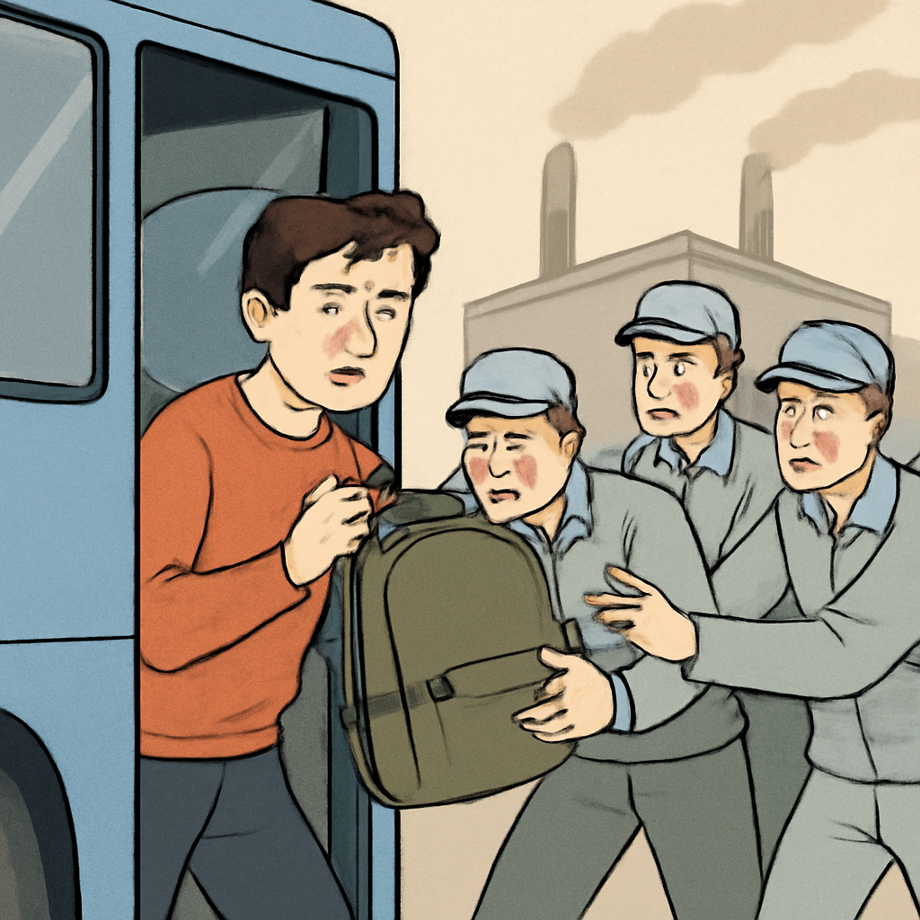 버스타고나가려고 하는데공장사람들이내가방을빼앗아숨겨