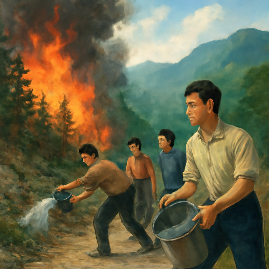 산에불이나서불을끄려고물을갖고온사이같이있던분들이불을껐음
