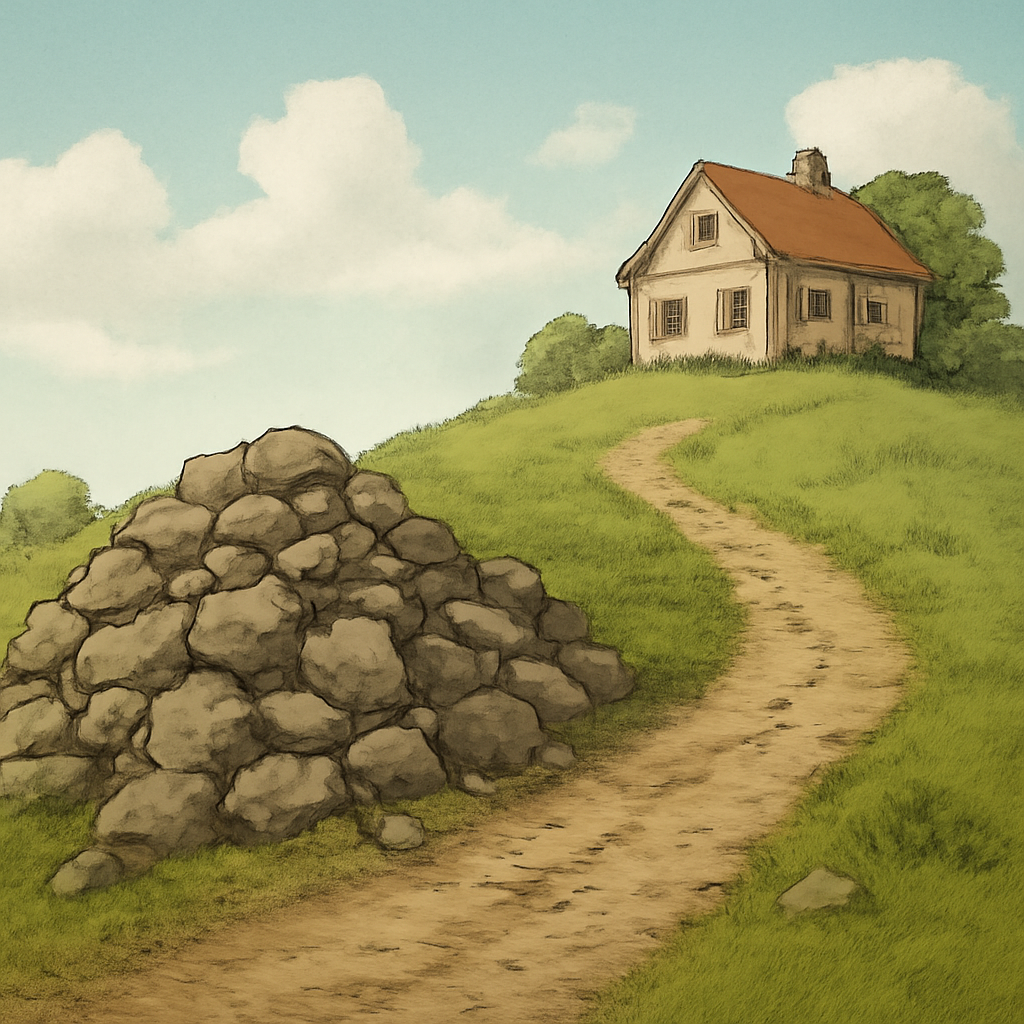 산언덕에오르는데돌무더기가쌓여있고오른쪽에는큰집이있는데집안