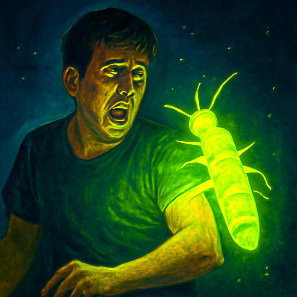 온몸이 형광색으로 빛나는 벌레를 봄 그 벌레한테 물림