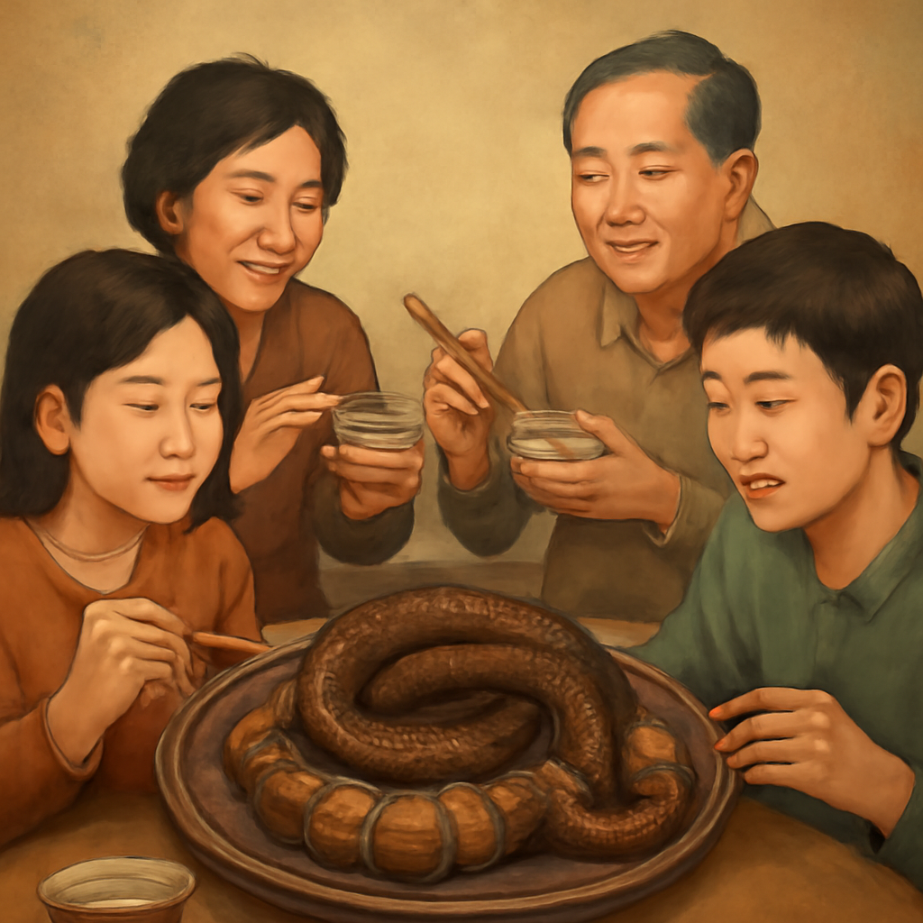 큰 뱀을 삶아서 여럿이 나누어 먹는 꿈