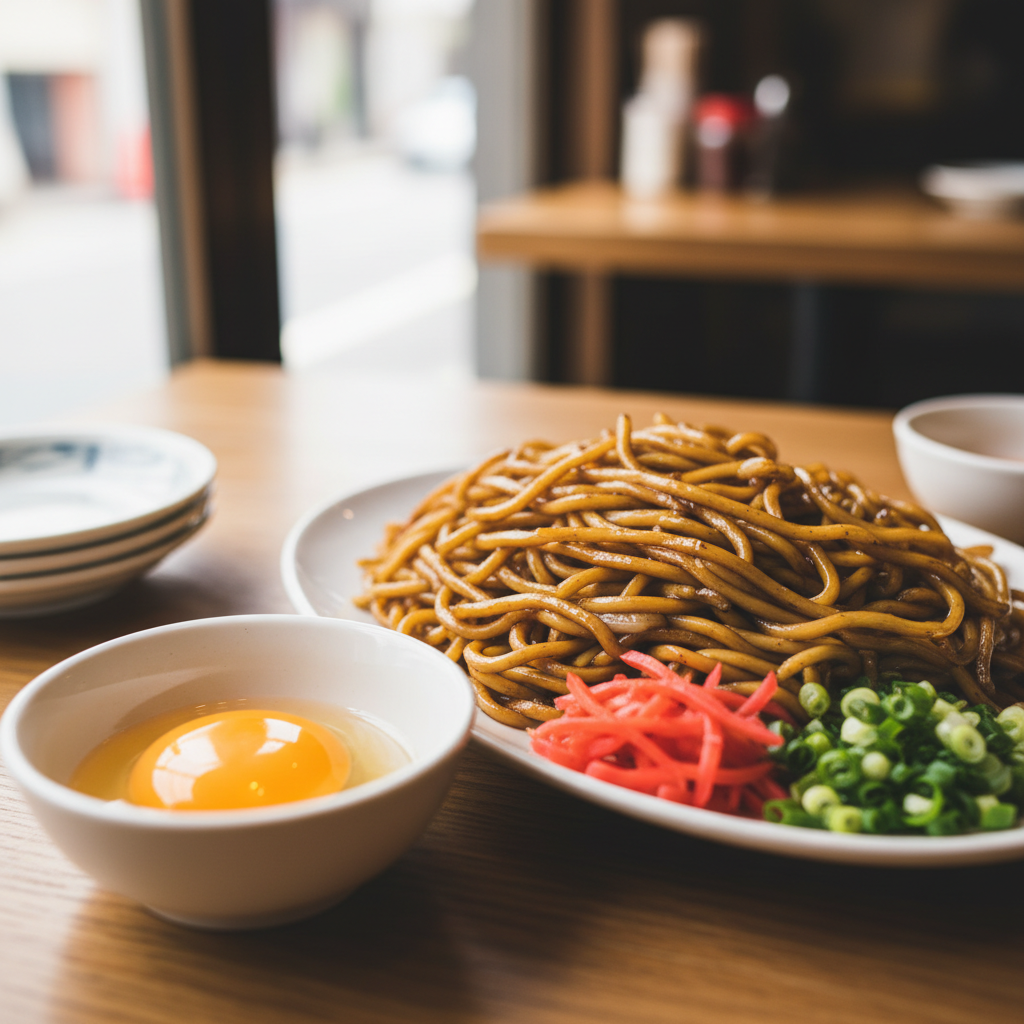 야키소바는 ‘원래 짠 음식’이라 계란 디핑이 안전장치예요