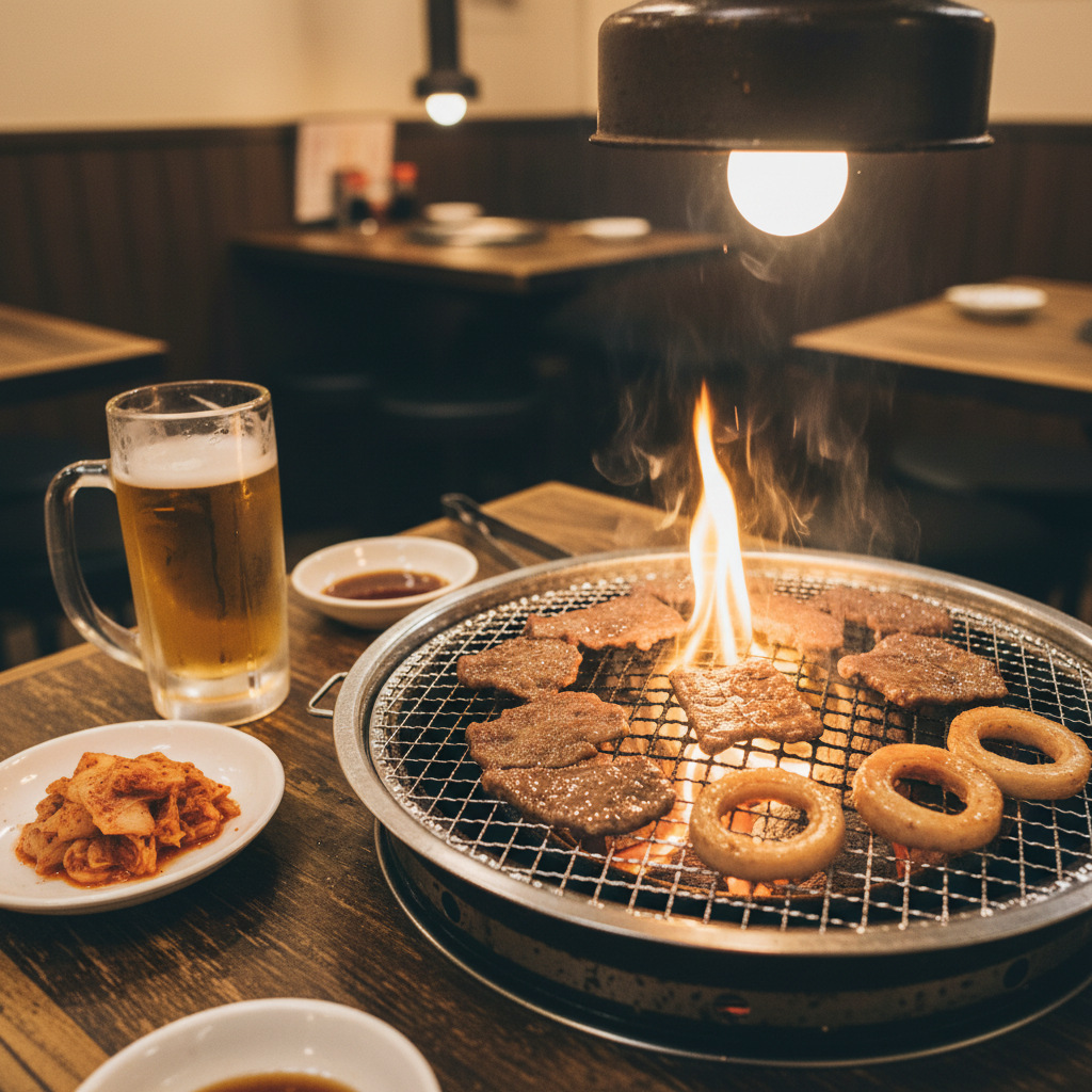 도톤보리 사람에 지쳤다면: 오사카 쿄바시에서 ‘진짜 퇴근 술집 거리’ 찾은 날 2 첫 잔은 고기부터: 호르몬 야키니쿠로 분위기 예열하기