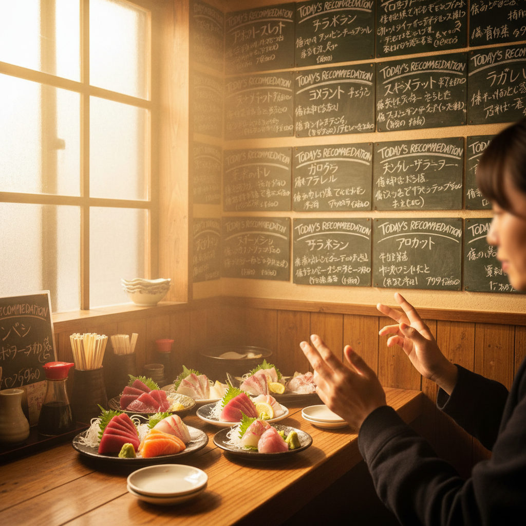 도톤보리 사람에 지쳤다면: 오사카 쿄바시에서 ‘진짜 퇴근 술집 거리’ 찾은 날 3 두 번째는 해산물 이자카야: 메뉴판 해독부터 주문까지(실전 루틴)