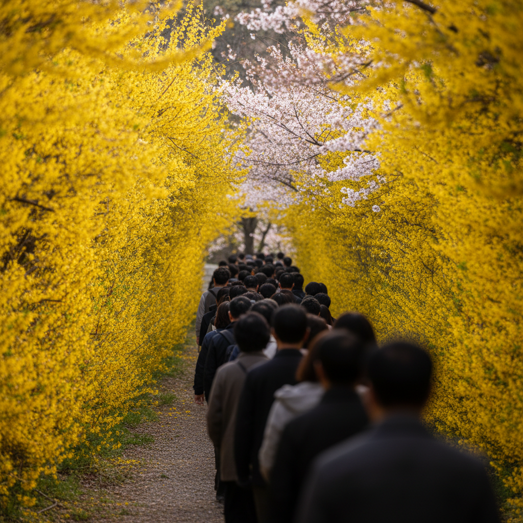 개나리 세상에 들어가면 벌어지는 일: 사진도, 이동도 ‘줄’이 됩니다