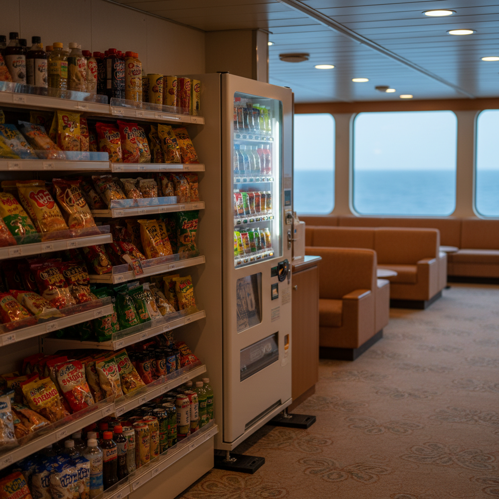 배 안에서 이미 일본 분위기: 편의점 간식 + 자판기 + 놀거리
