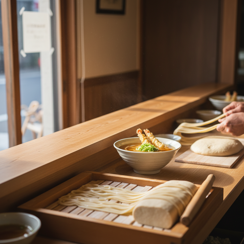 혼자 떠난 도쿄 ‘먹방 여행’ 동선까지 완벽 정리 (로컬 맛집+캡슐호텔 실사용기) 1 1) 로컬 감성 우동으로 스타트: 면발에서 이미 승부 끝