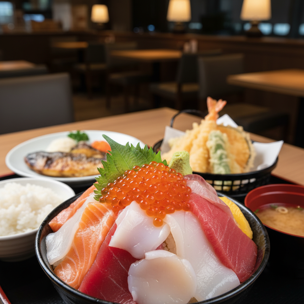 후쿠오카공항 국내선 3층 ‘새 식당가’에서 출국 전 한 끼, 제가 직접 동선까지 정리해봤어요 2 카이센동 히노데: 공항에서 해산물 정식이 가능하다는 게 반칙