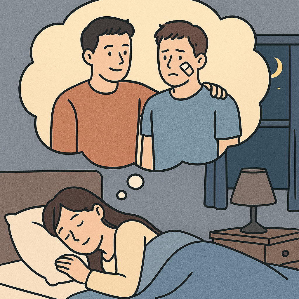 꿈에 남자2명에나하나나오는데다친하고 같이사는 그런꿈 꿈 해몽 대표 이미지