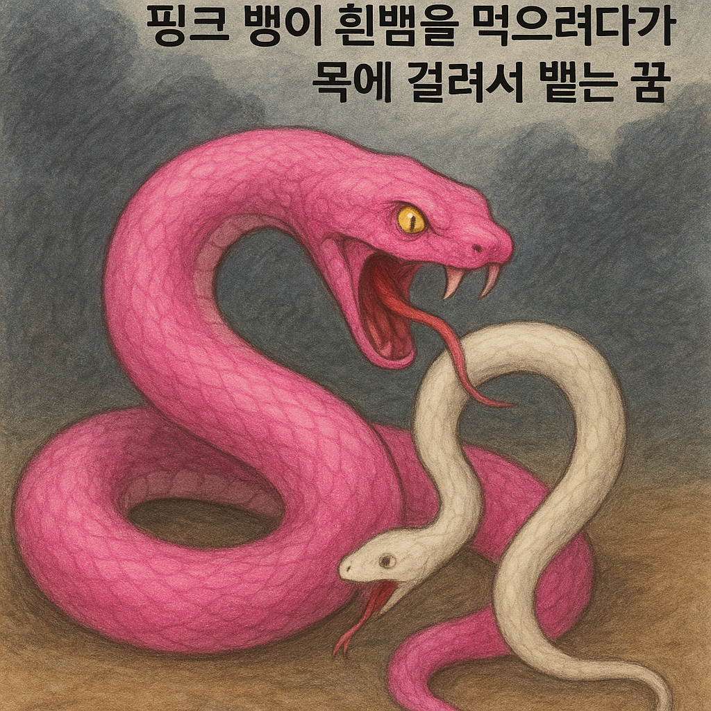 핑크 뱀이 흰뱀을 먹으려다가 목에 걸려서 뱉는 꿈 꿈 해몽 대표 이미지