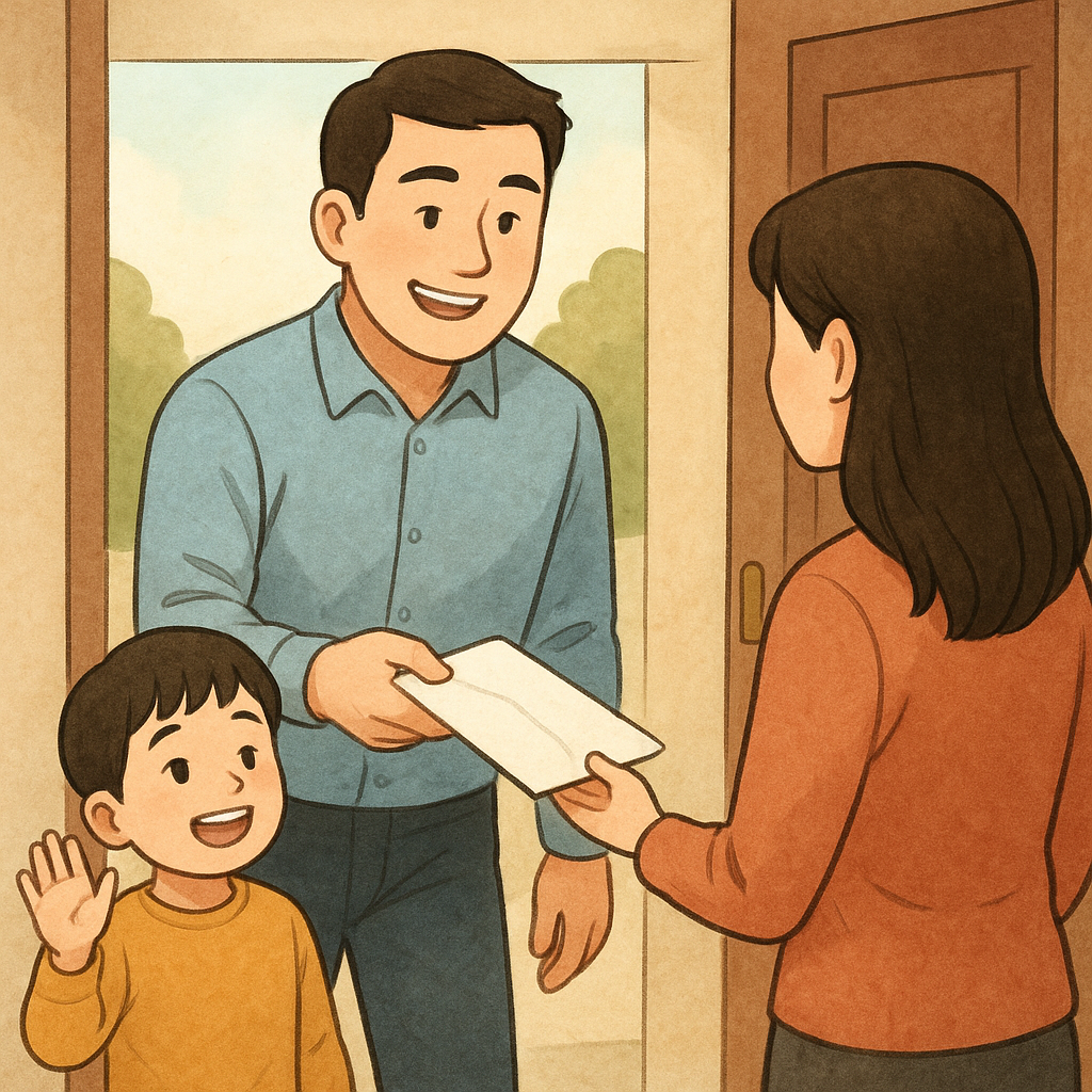 오빠와 조카가 집에 찾아와 흰색 돈 봉투를 주고 가는