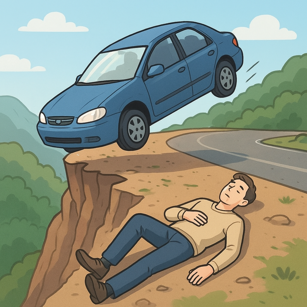 동료가 운전하는차가 낭떠러지로 떨어졌으나 다친곳이 없다