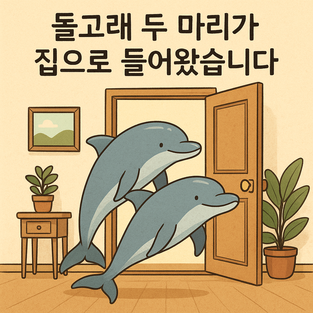 돌고래는 기쁨과 자유를 상징하며, 집은 안정과 보호를 의미합니다.