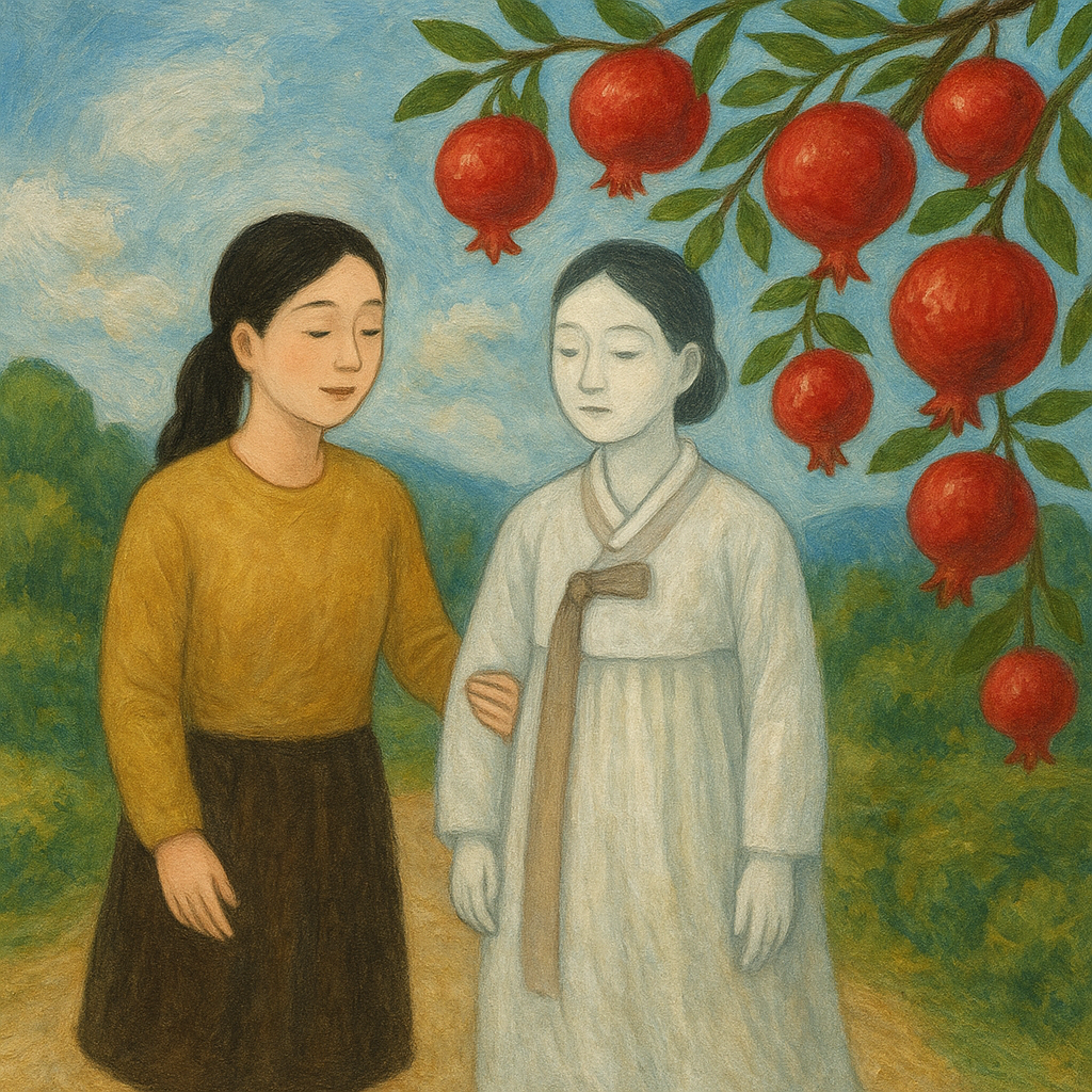 죽은 제수씨와의 만남은 과거의 감정과 미해결 문제를 상징하며, 석류열매는 풍요와 재생을 의미합니다.